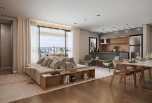 Morumbi Home Resort   Living Ampliado com cozinha integrada e home office do apto De 104m²
