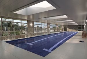 perspectiva artística da piscina coberta com raia de 20 metros