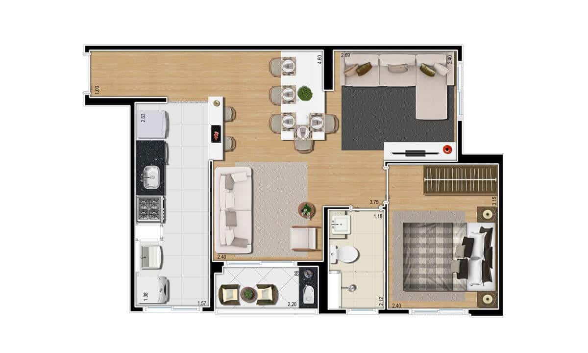 2 Dorms - 47,06m² opção living ampliado