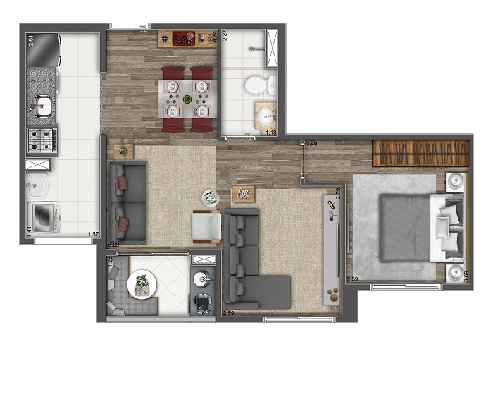 2 Dorms – 48m² opção living ampliado